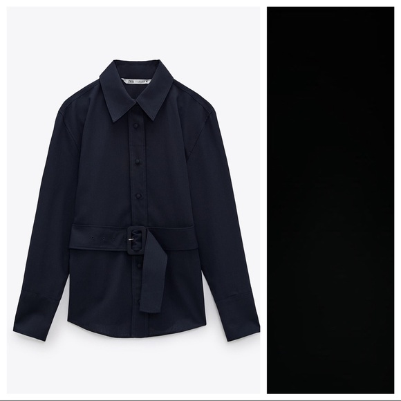 NWT. Zara Navy Blue Navy Blue Buckle Belt Button-down Shirt. Size XS. - Picture 1 of 8